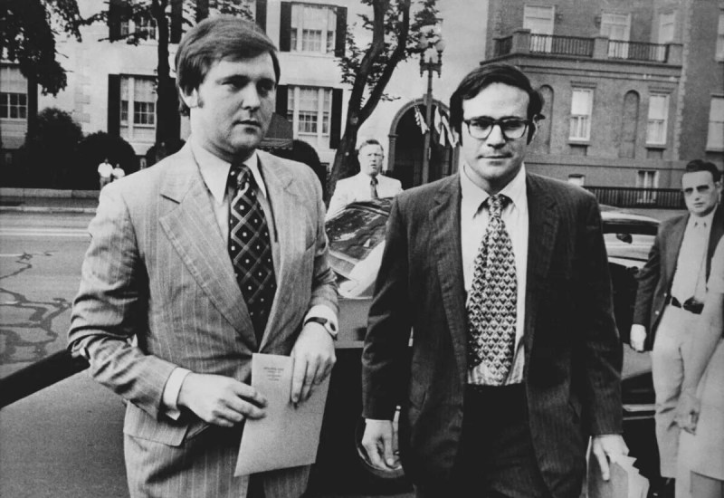 Richard Nixon subpoenaed by Rufus Edmisten, left, and Terry Lenzner, in 1973.