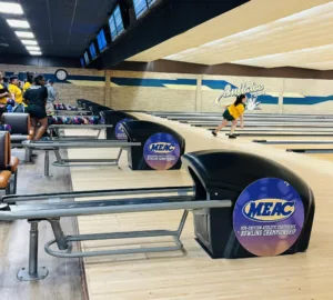 A woman bowler in action.