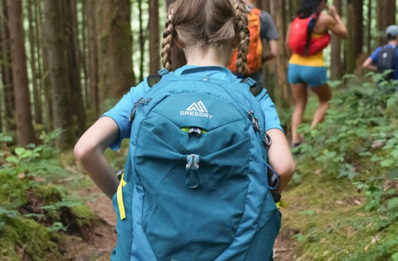 Girl with pigtails and a backpack walking on a hiking trail.