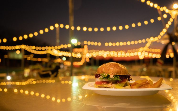 A hamburger served at a late-night restaurant