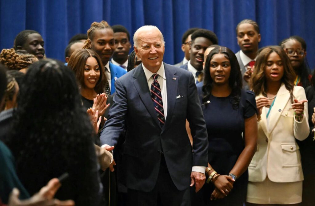 President Biden greets honor students from HBCUs after delivering remarks at the 2024 National HBCU Week Conference in Philadelphia on September 16, 2024. (ANDREW CABALLERO-REYNOLDS/AFP/Getty Images)