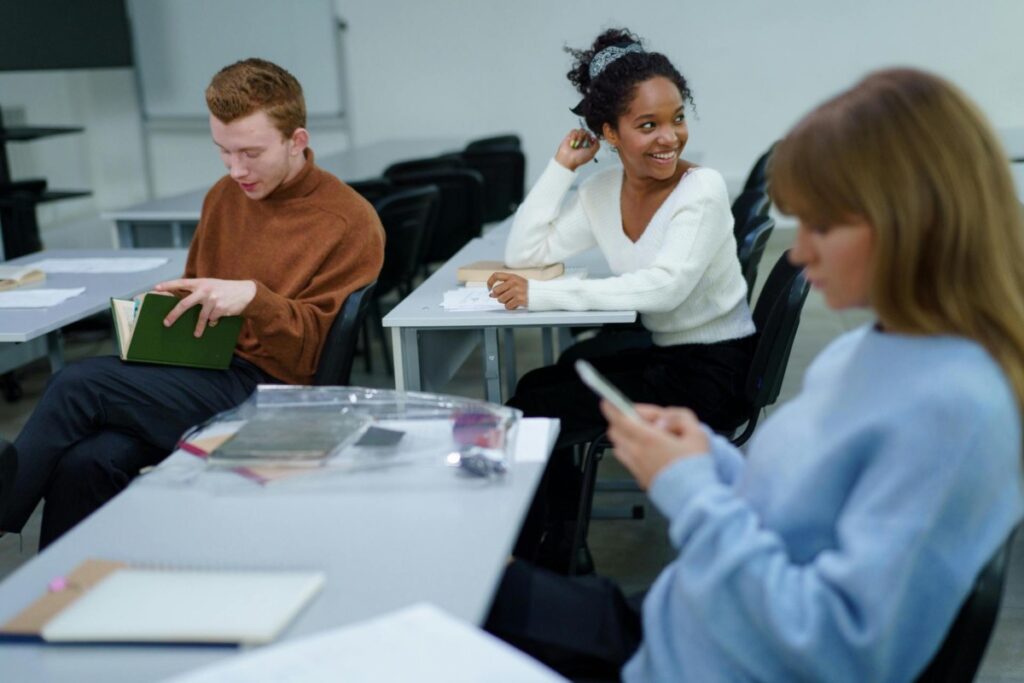 Students sitting in a classroom.