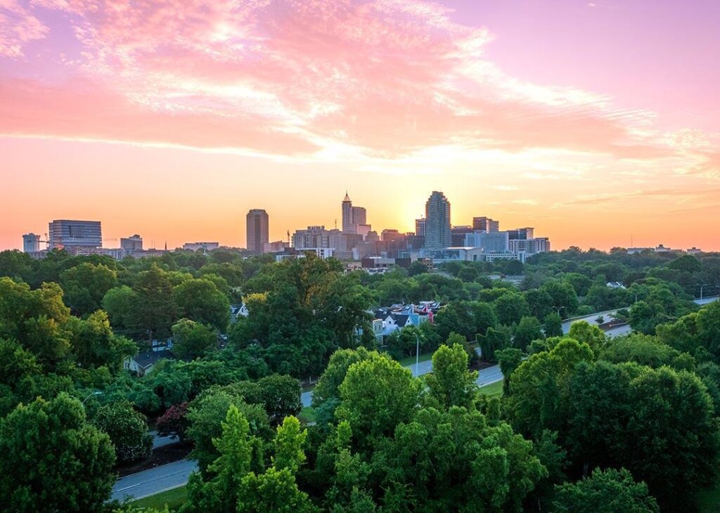 City skyline against a pink and orange sky.