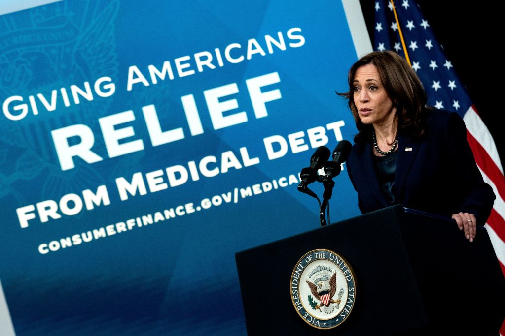 Vice President Kamala Harris delivers remarks on medical debt relief at an event in the South Courtyard Auditorium of the Eisenhower Executive Office Building, next to the White House, in Washington, DC, April 11, 2022. (Photo by Stefani Reynolds / AFP) (Photo by STEFANI REYNOLDS/AFP via Getty Images)