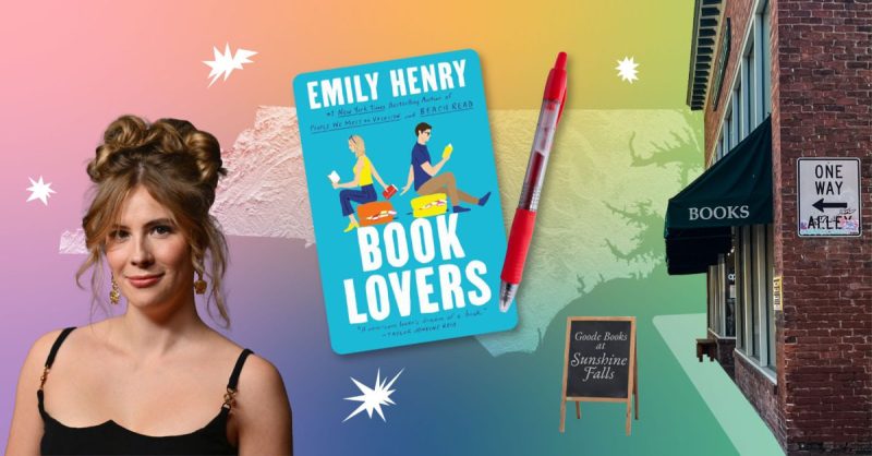 Collage featuring an image of author Emily Henry, the cover of her novel "Book Lovers," the NC state outline, and the front of a bookstore.