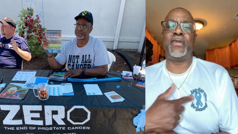 Two photos side by side of a man advocating for prostate cancer awareness