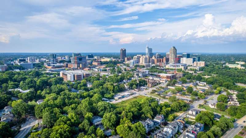 an aerial view of the raleigh skyline
