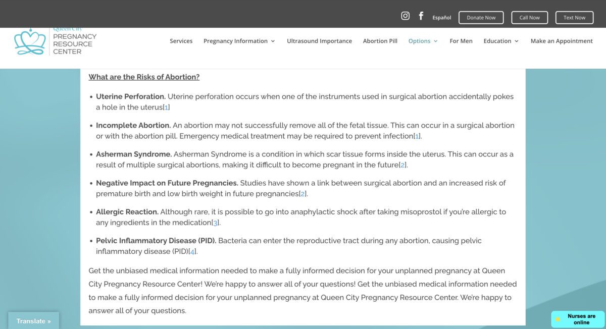 Photo of the Queen City Pregnancy Resource Center's website.