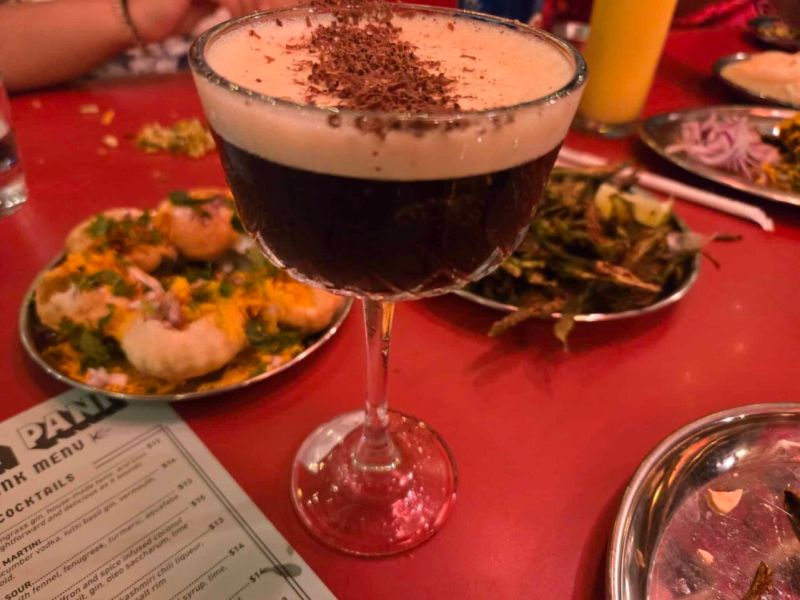 The Kaapi Martini at Chai Pani features South Indian filter coffee, enriched with chicory, that is shaken with vodka and topped with chai masala.