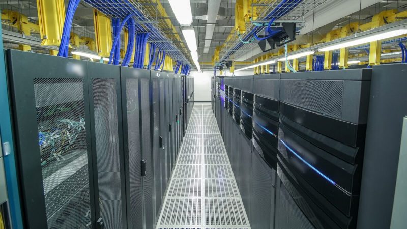 Room with rows of server hardware in data center timelapse hyperlapse. Modern equipment in special room