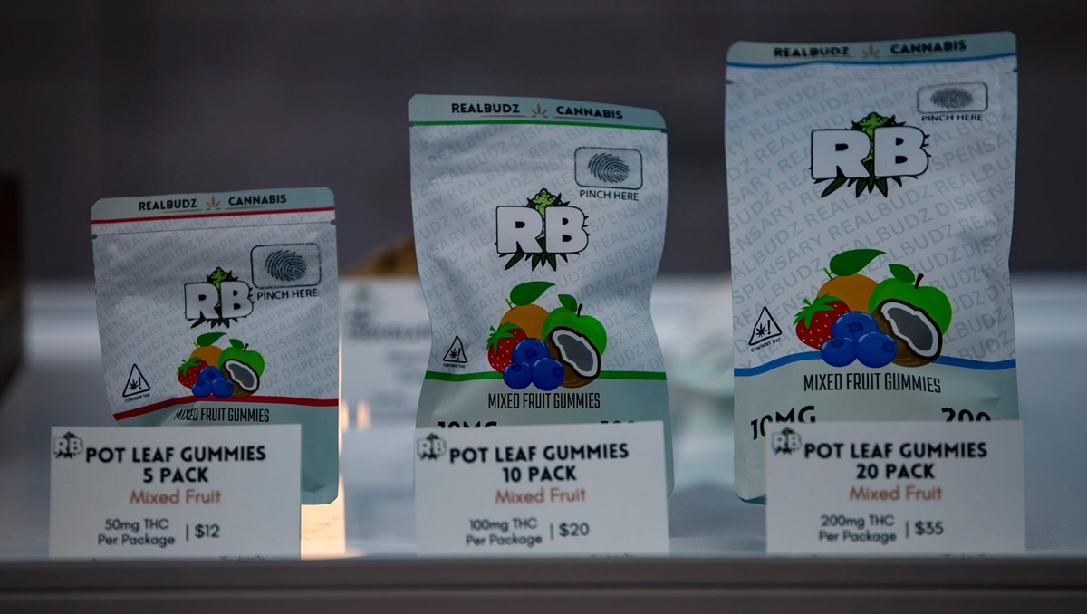 Cannabis-infused gummies are displayed for sale at Realbudz Dispensary